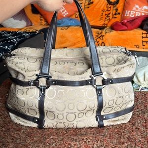Salvatore Ferragamo Beige Canvas Gancini Print Tote with Dark Brown Leather Trim